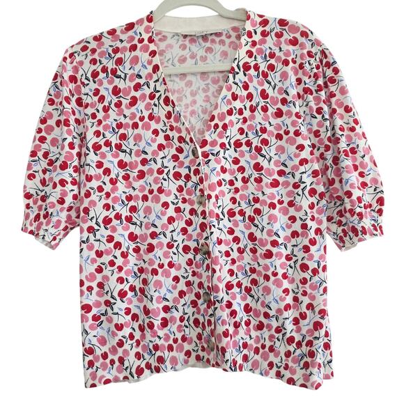 Loft Cherry Print V-Neck Button Down Cardigan Sweater White Red Pink Size Large - Picture 2 of 6